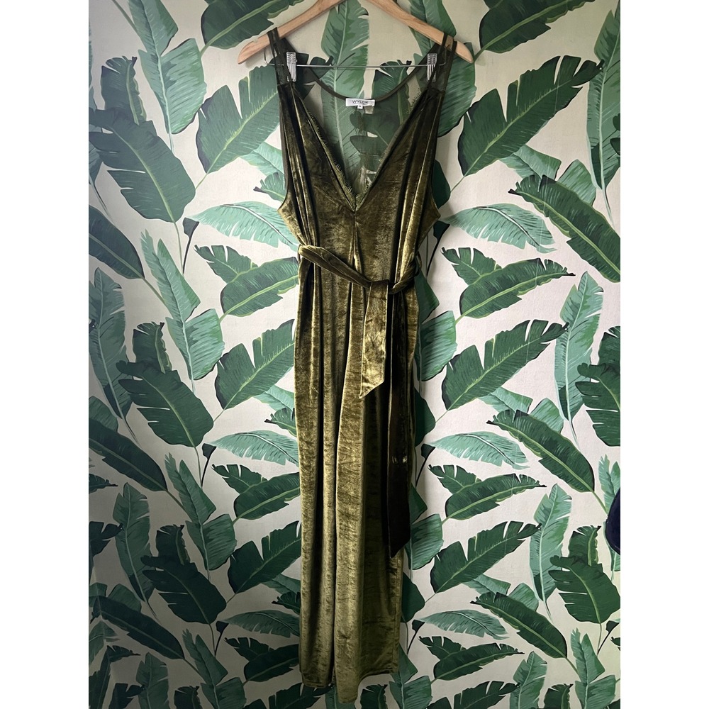 WYLDR Velvet Jumpsuit Lace Back V-Neck Belted Womens Medium Olive Green